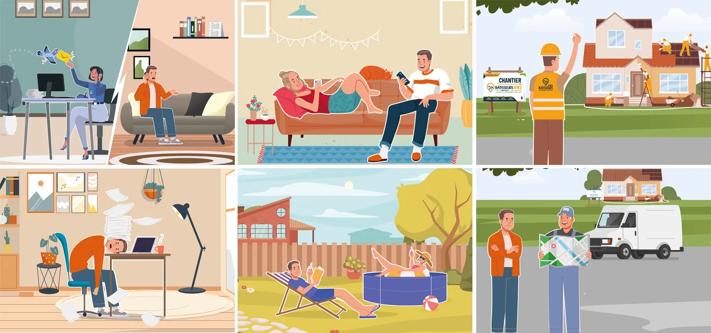 Scènes illustrées de la brochure Bâtisseurs d’Ici