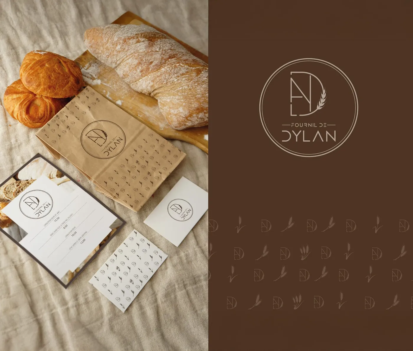 Identité visuelle du Fournil de Dylan : logo, papeterie et sachets à pain