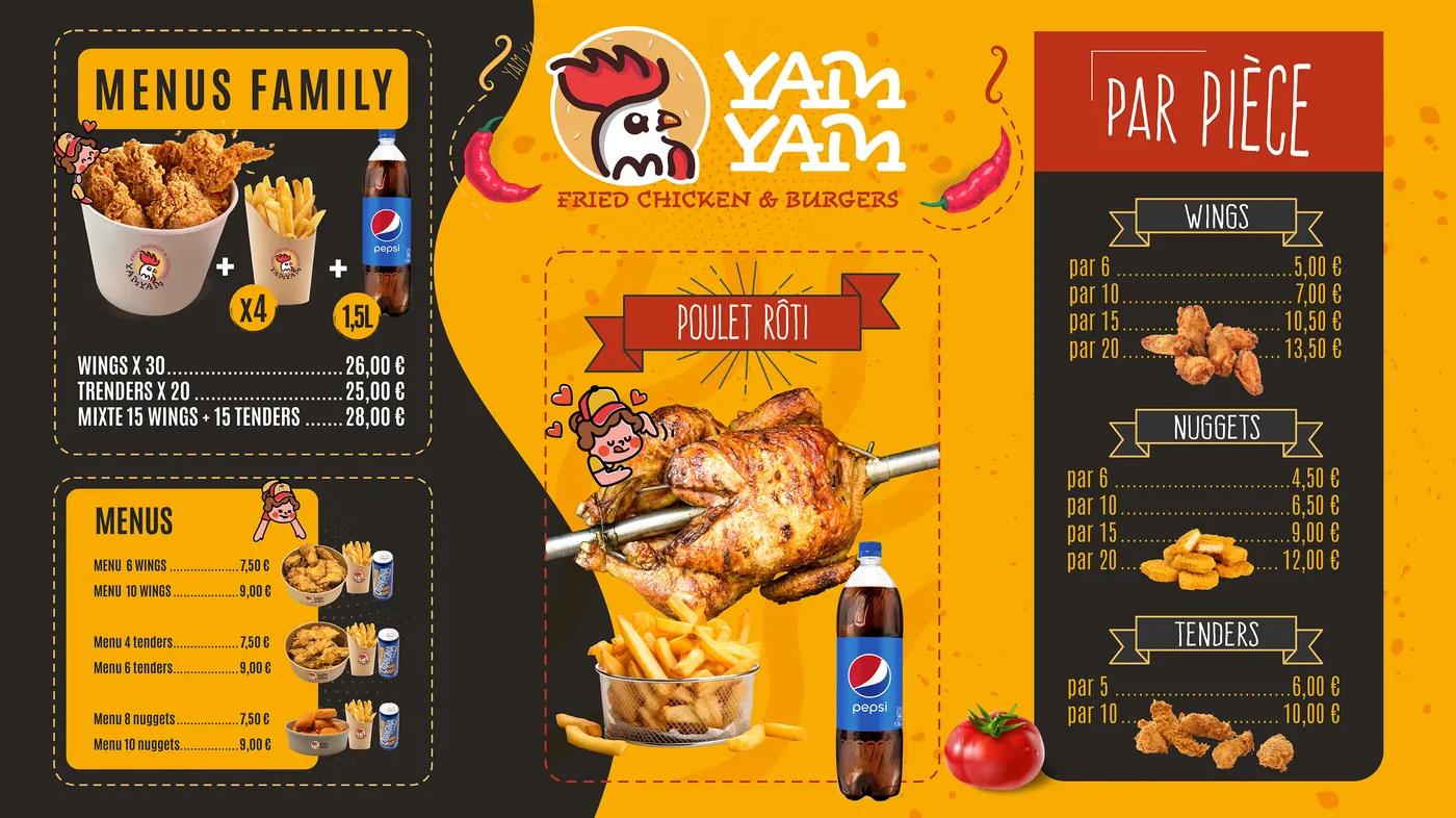Panneau menu Yam Yam : menus family et poulet