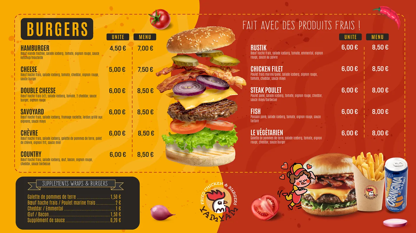 Panneau menu Yam Yam : burgers