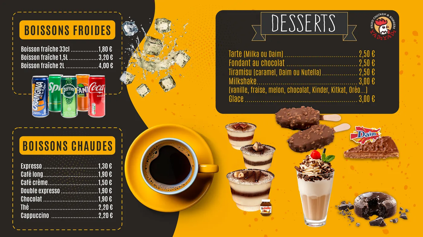 Panneau menu Yam Yam : boissons et desserts